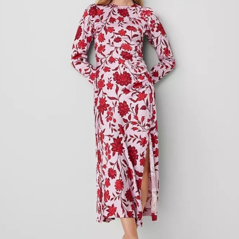 Ann Taylor Pink Floral Satin Long Sleeve Midi Dress
